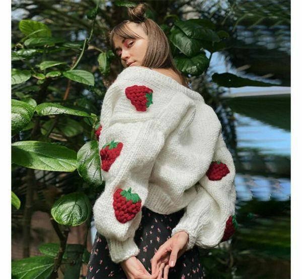 Y2K Knitted Strawberry Oversized Cardigan Sweatshirt