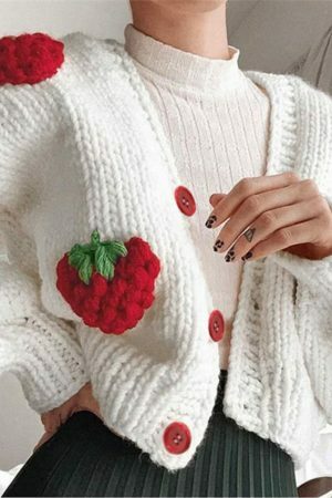 Y2K Knitted Strawberry Oversized Cardigan Sweatshirt