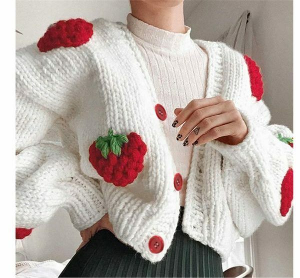 Y2K Knitted Strawberry Oversized Cardigan Sweatshirt