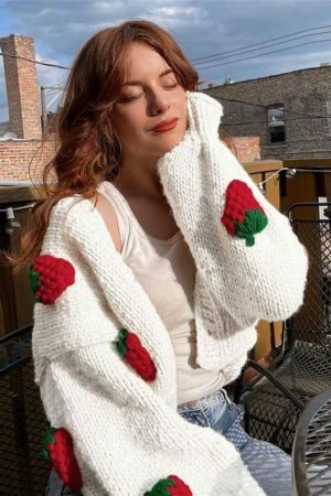 Y2K Knitted Strawberry Oversized Cardigan Sweatshirt