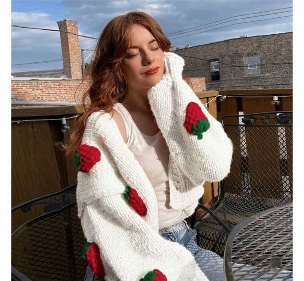 Y2K Knitted Strawberry Oversized Cardigan Sweatshirt