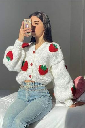 Y2K Knitted Strawberry Oversized Cardigan Sweatshirt