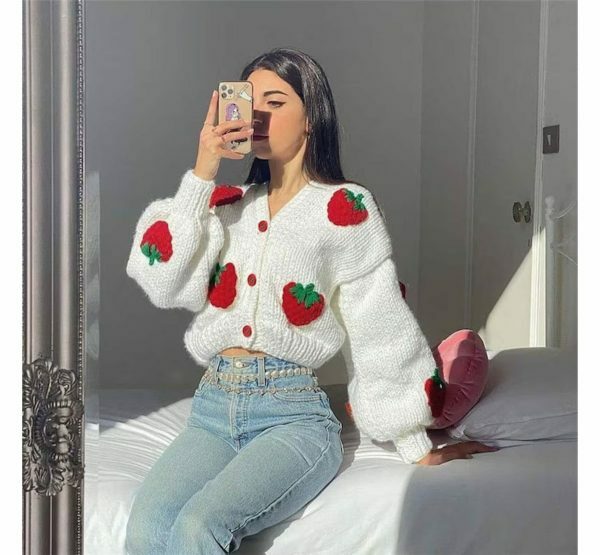 Y2K Knitted Strawberry Oversized Cardigan Sweatshirt