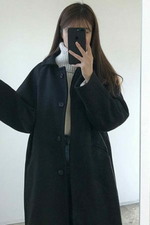 Y2K Korean Black Vintage Wrap Coat for Cold Weather