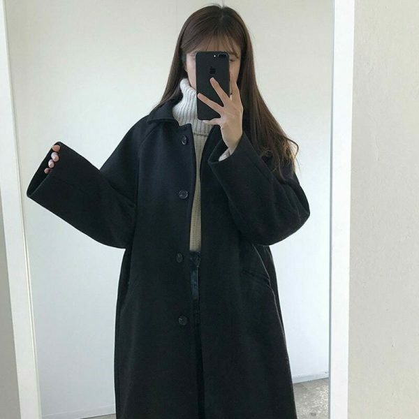 Y2K Korean Black Vintage Wrap Coat for Cold Weather