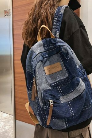 Y2K Korean Denim Patchwork Backpack for Students