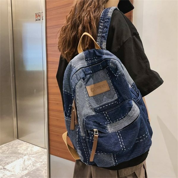 Y2K Korean Denim Patchwork Backpack for Students