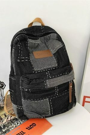 Y2K Korean Denim Patchwork Backpack for Students