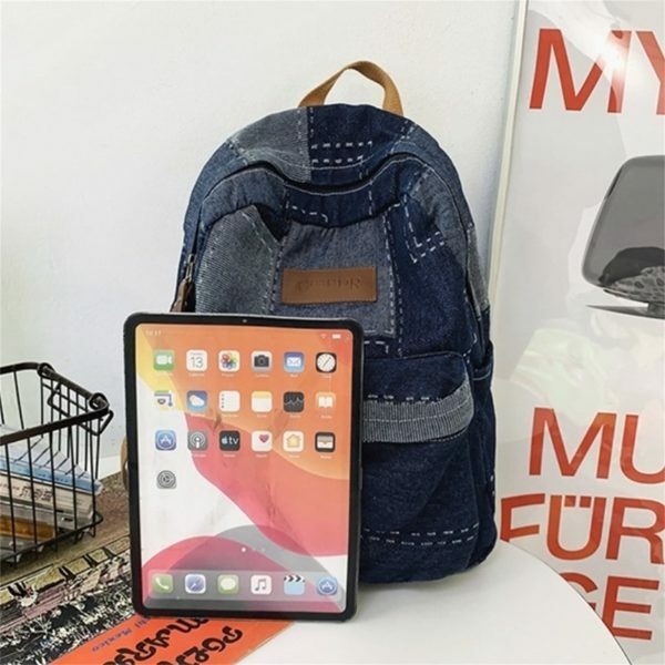 Y2K Korean Denim Patchwork Backpack for Students