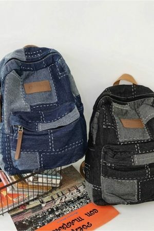 Y2K Korean Denim Patchwork Backpack for Students