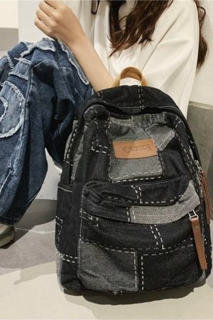 Y2K Korean Denim Patchwork Backpack for Students