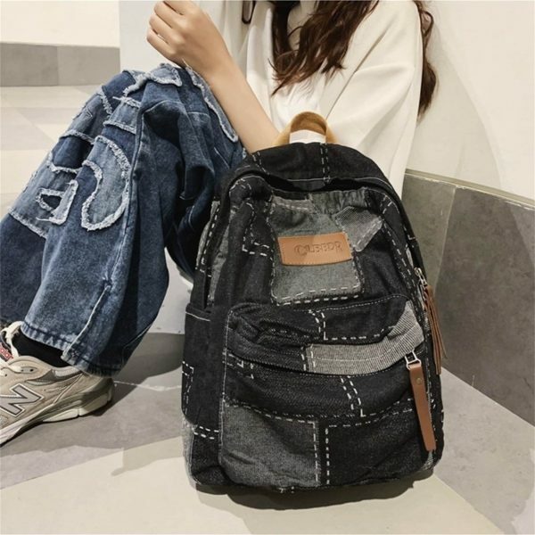 Y2K Korean Denim Patchwork Backpack for Students