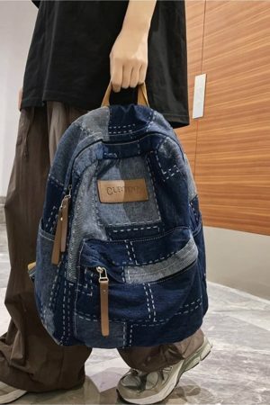 Y2K Korean Denim Patchwork Backpack for Students