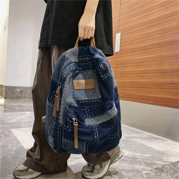 Y2K Korean Denim Patchwork Backpack for Students