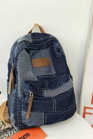 Y2K Korean Denim Patchwork Backpack for Students