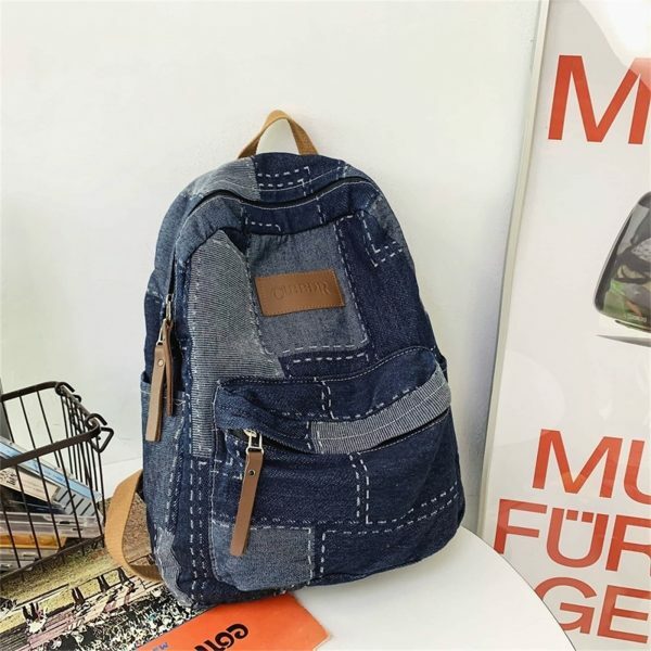 Y2K Korean Denim Patchwork Backpack for Students