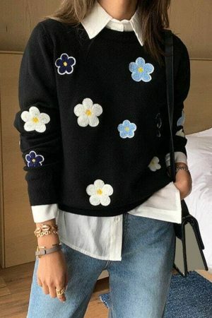 Y2K Korean Floral Embroidery Harajuku Daisy Streetwear Sweater