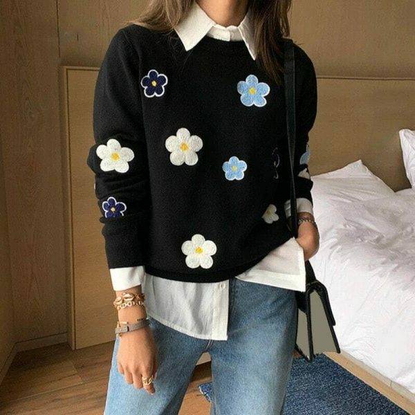 Y2K Korean Floral Embroidery Harajuku Daisy Streetwear Sweater