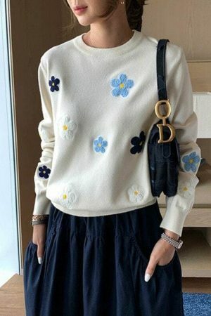 Y2K Korean Floral Embroidery Harajuku Daisy Streetwear Sweater