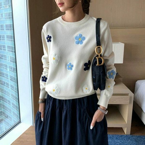 Y2K Korean Floral Embroidery Harajuku Daisy Streetwear Sweater