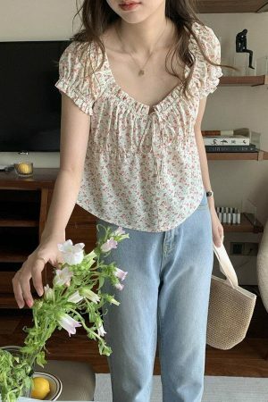 Y2K Korean Floral Print Short Sleeve Button-down Blouse