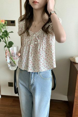 Y2K Korean Floral Print Short Sleeve Button-down Blouse