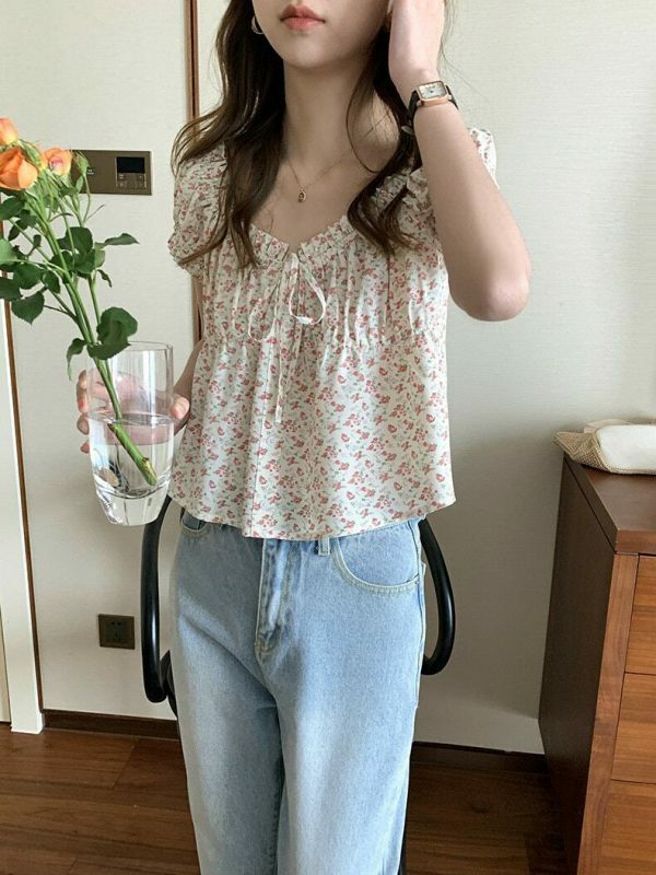 Y2K Korean Floral Print Short Sleeve Button-down Blouse