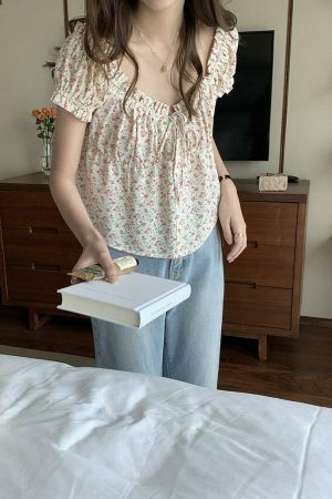 Y2K Korean Floral Print Short Sleeve Button-down Blouse