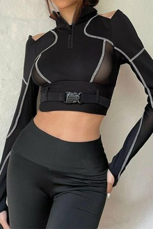 Y2K Korean Hollow Out Stitching T-Shirt | Women's Patchwork Long Sleeve Crop Top