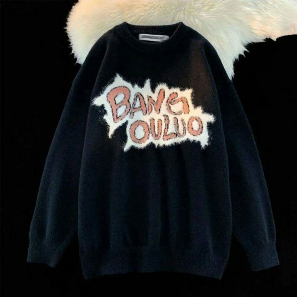 Y2K Korean Oversized Embroidered Letter Knit Sweater