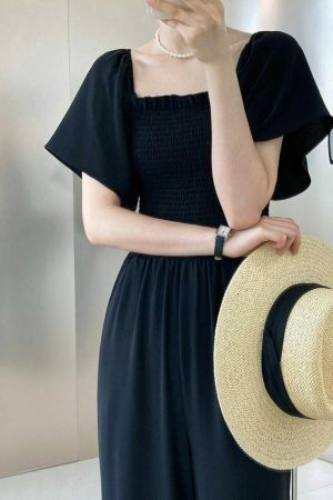 Y2K Korean Square Neck Short Sleeve Off-shoulder Jumpsuit