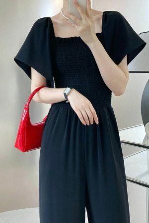 Y2K Korean Square Neck Short Sleeve Off-shoulder Jumpsuit