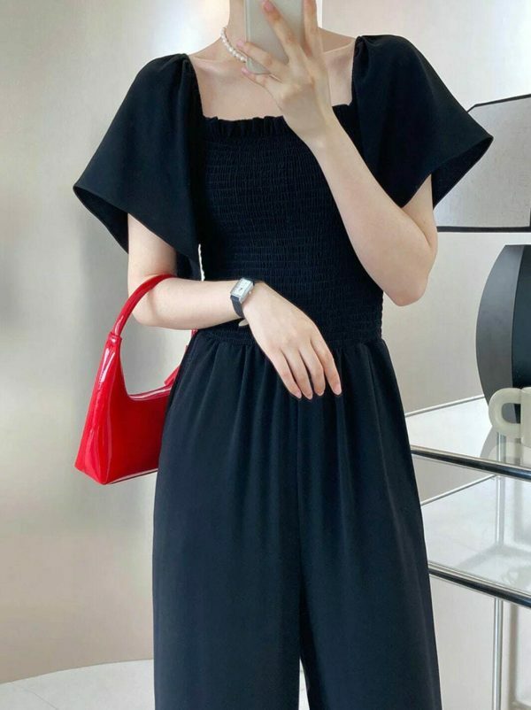 Y2K Korean Square Neck Short Sleeve Off-shoulder Jumpsuit