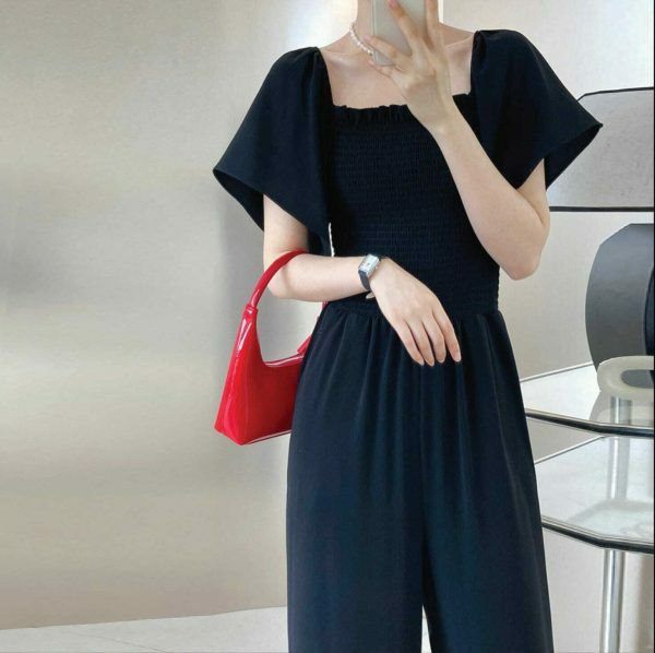 Y2K Korean Square Neck Short Sleeve Off-shoulder Jumpsuit