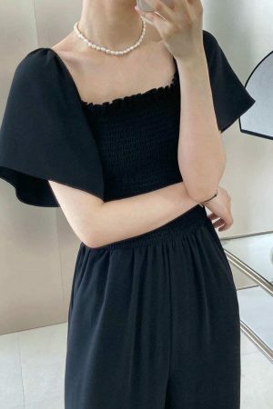 Y2K Korean Square Neck Short Sleeve Off-shoulder Jumpsuit