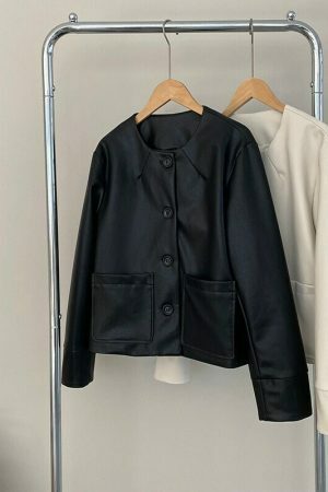 Y2K Korean Streetwear Cropped Faux Leather Jacket