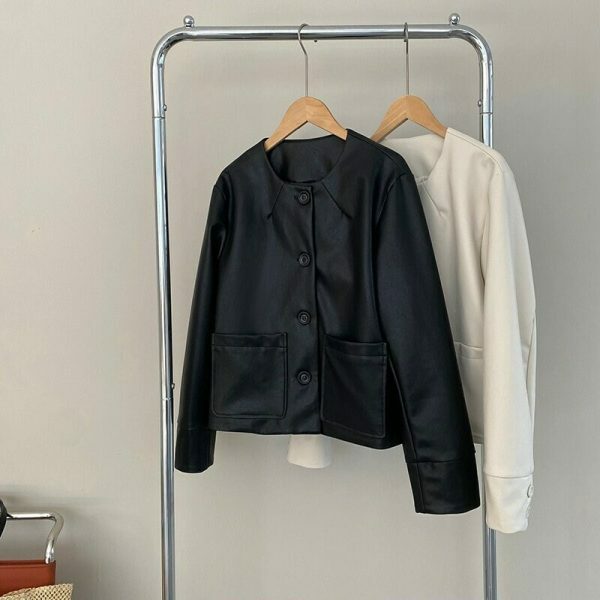 Y2K Korean Streetwear Cropped Faux Leather Jacket