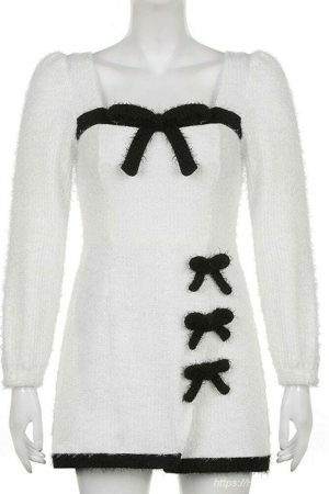 Y2K Korean Streetwear Mini Dress with Furry White Kawaii Square Collar