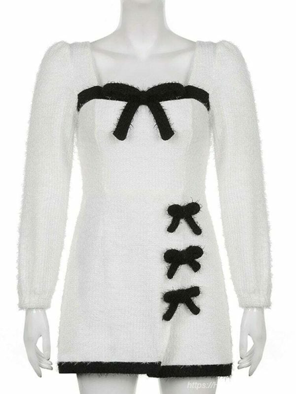 Y2K Korean Streetwear Mini Dress with Furry White Kawaii Square Collar