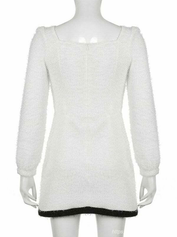 Y2K Korean Streetwear Mini Dress with Furry White Kawaii Square Collar