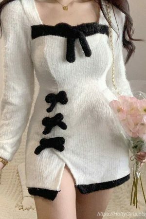 Y2K Korean Streetwear Mini Dress with Furry White Kawaii Square Collar