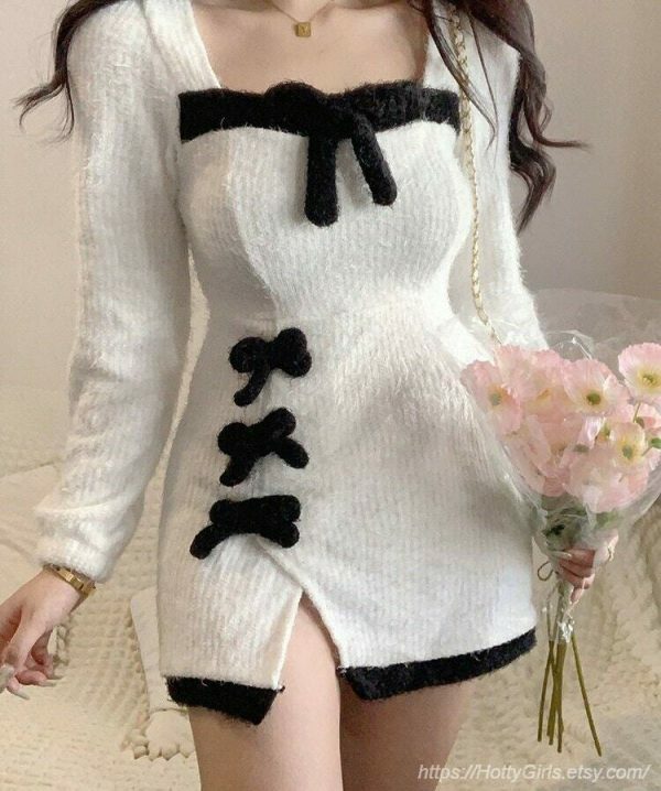 Y2K Korean Streetwear Mini Dress with Furry White Kawaii Square Collar