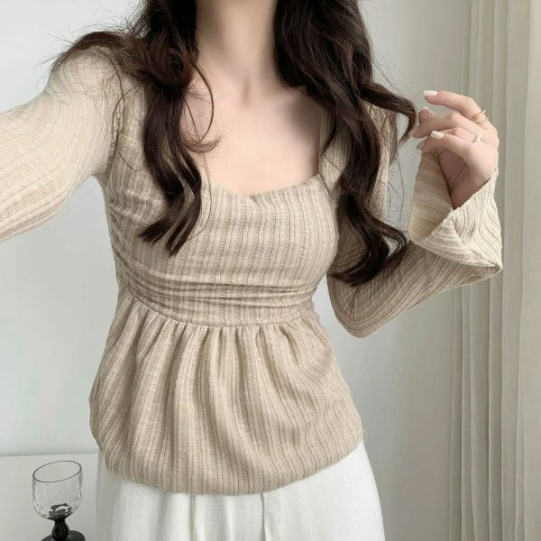 Y2K Korean Streetwear Square Neck Ribbed Top with Flared Sleeves