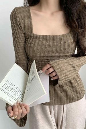 Y2K Korean Streetwear Square Neck Ribbed Top with Flared Sleeves