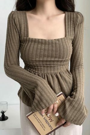 Y2K Korean Streetwear Square Neck Ribbed Top with Flared Sleeves