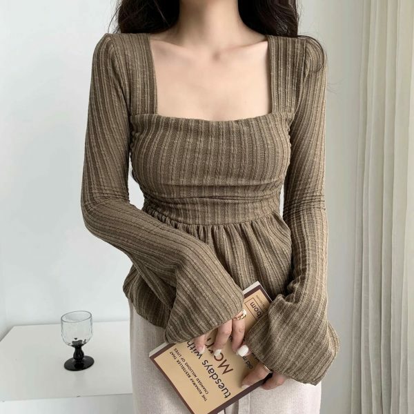 Y2K Korean Streetwear Square Neck Ribbed Top with Flared Sleeves