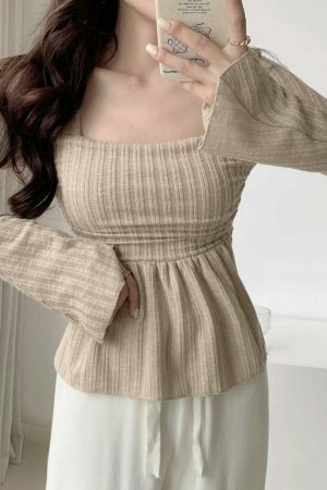 Y2K Korean Streetwear Square Neck Ribbed Top with Flared Sleeves