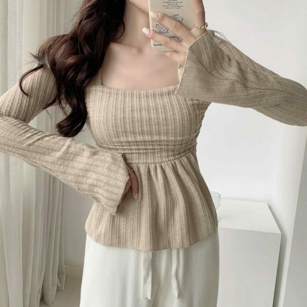 Y2K Korean Streetwear Square Neck Ribbed Top with Flared Sleeves