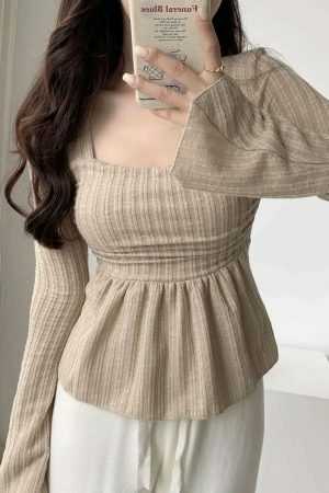 Y2K Korean Streetwear Square Neck Ribbed Top with Flared Sleeves