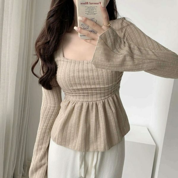 Y2K Korean Streetwear Square Neck Ribbed Top with Flared Sleeves